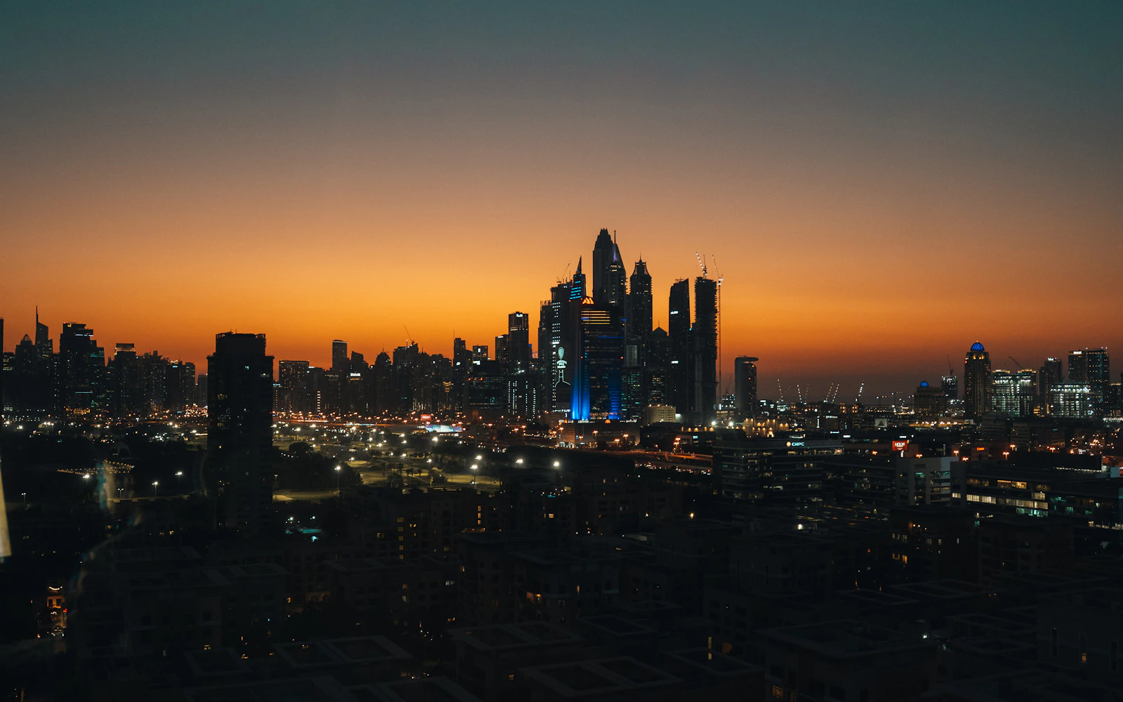 Dubai Marina skyline at sunset